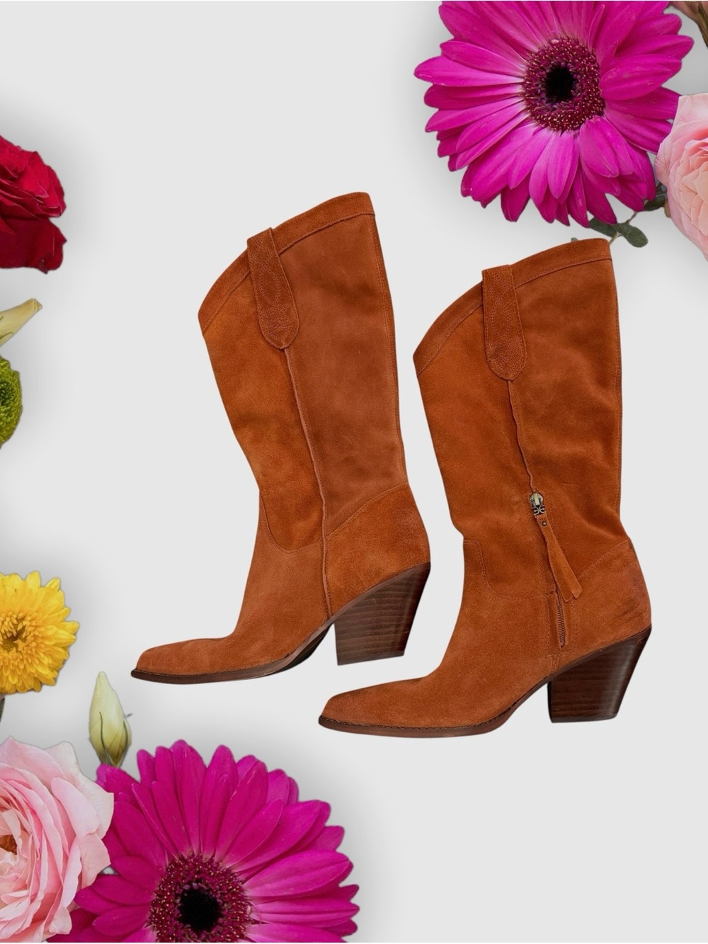 Sam Edelman Jamie  Rust Suede Mid-Calf Western Pointed-Toe Heeled Cowboy Boots